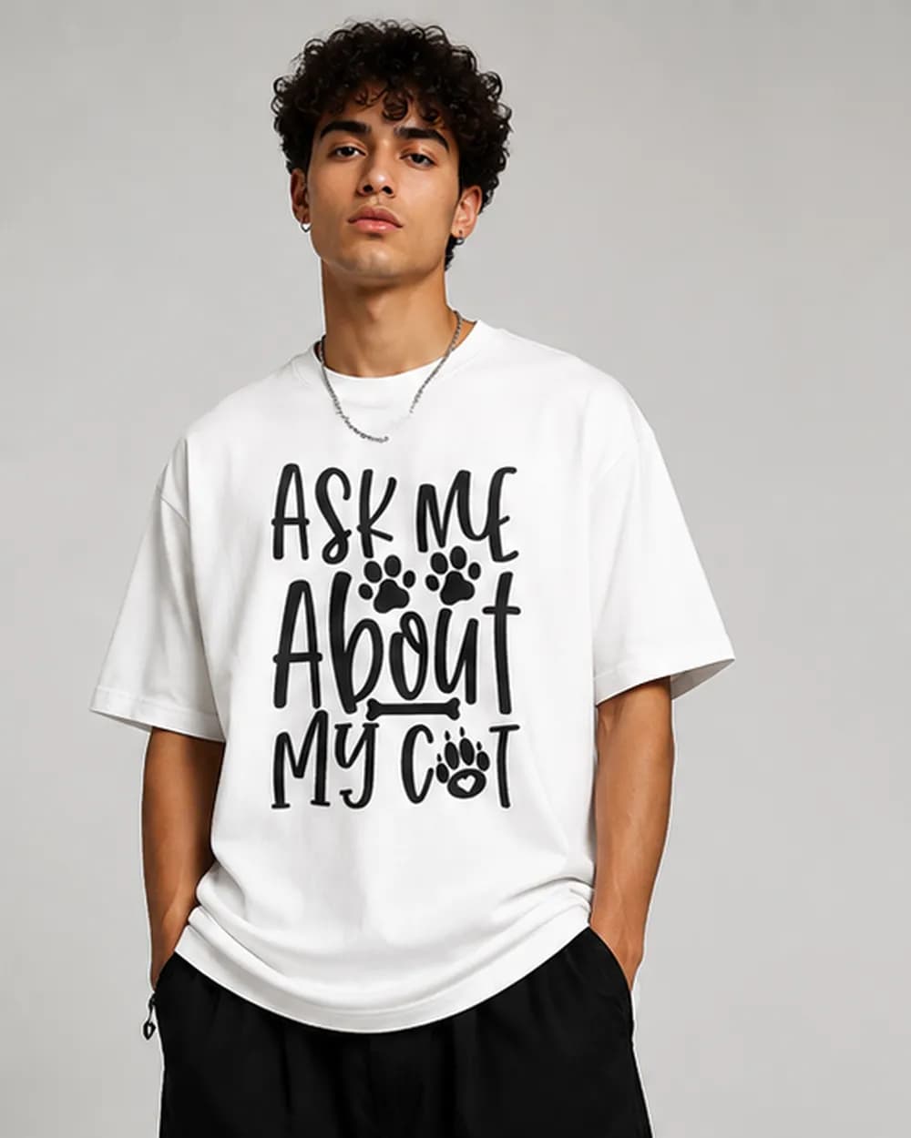 Men's White "Ask Me About My Cat" Oversized Graphic T-Shirt